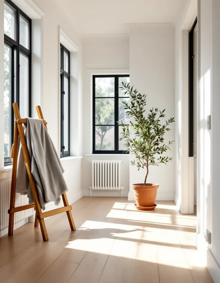 Sunlit, freshly renovated room with white oak floors and a potted olive tree